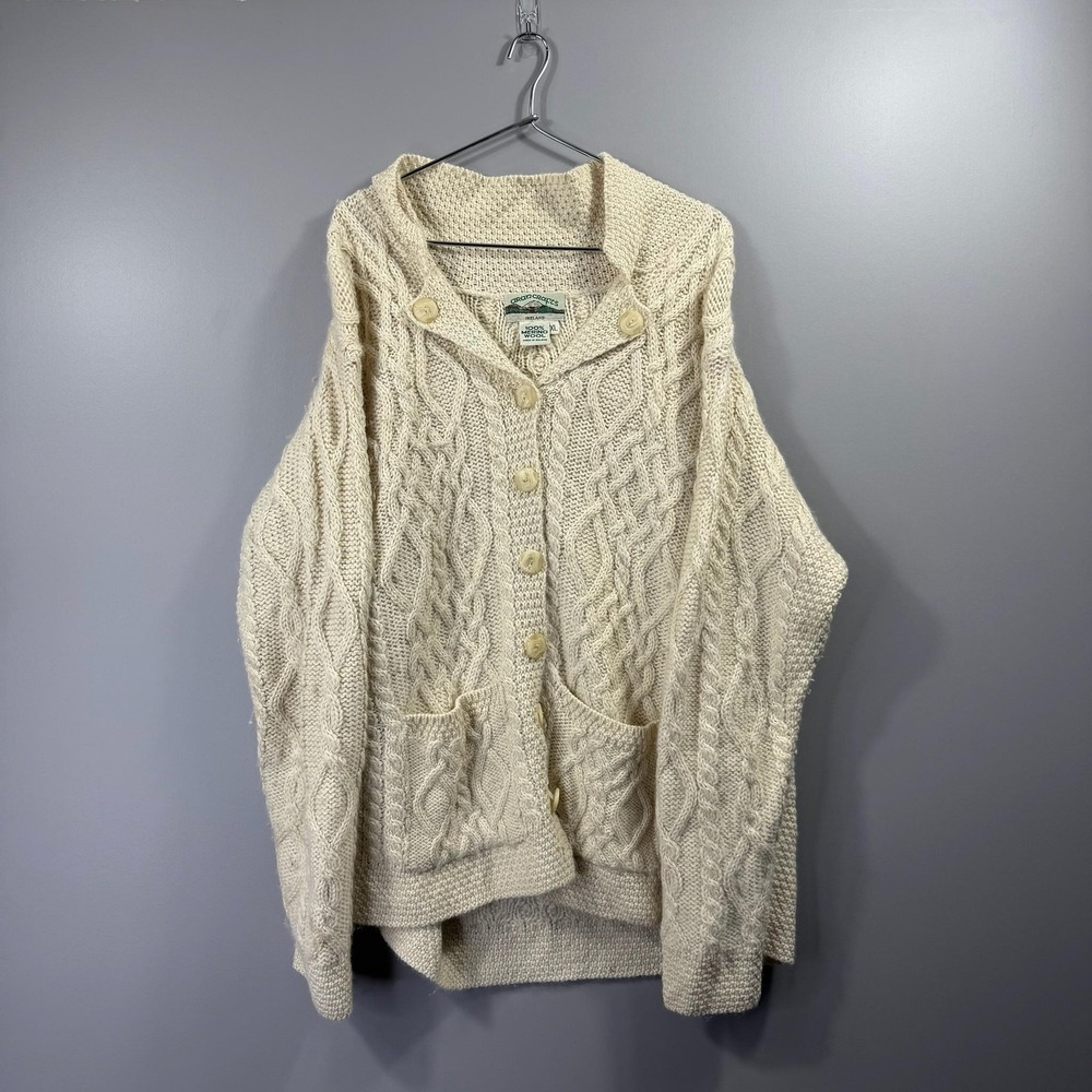 Aran Crafts Cardigan Sweater Womens XL White Merino Wool Cable Knit Hooded